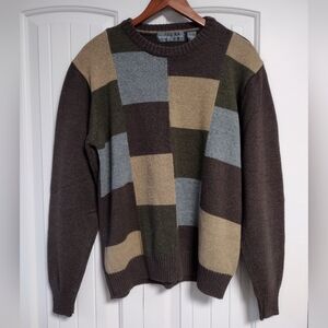 Oscar De La Renta Patchwork Colorblock Crew Neck Sweater Preppy Grandpa 90s